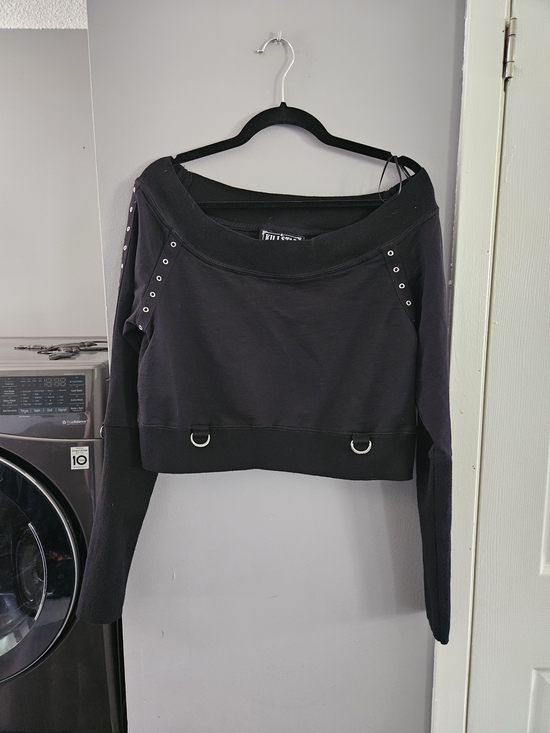 Killstar Sweaters - Killstar Black Off-the-Shoulder Crop Sweater With Grommet Sleeve Details